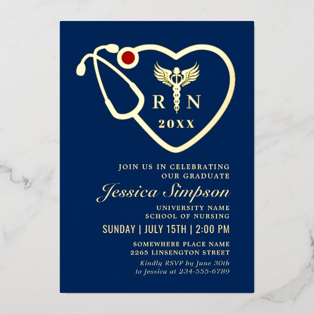 Golden Blue Modern Nursing School Graduation Party Foil Invitation (Front)