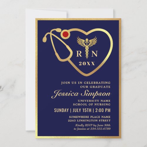 Golden Blue Modern Nursing School Graduation Party Invitation