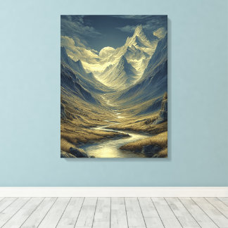Golden Blue Moonlit, Stylized Mountain Landscape Canvas Print