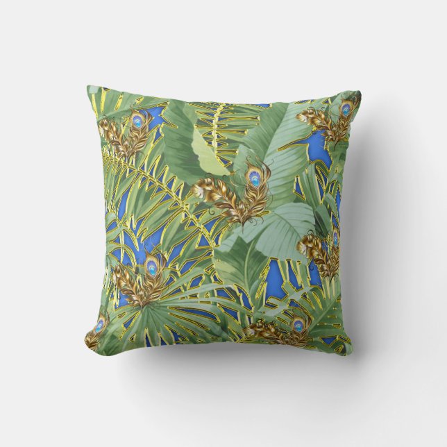 Golden Blue Peacock Temple Dreams Throw Pillow (Front)