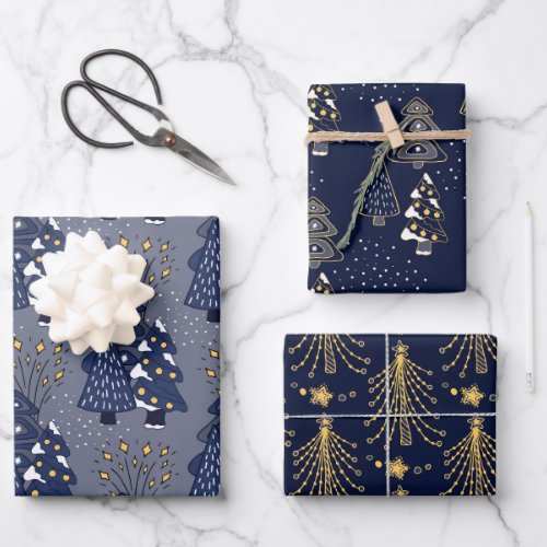 golden blue pine holiday wrapping paper sheets