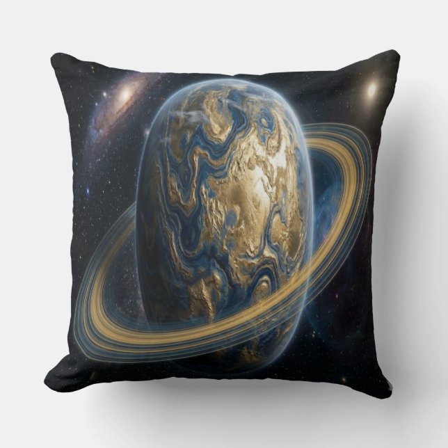 Golden Blue Planet with RIngs Throw Pillow (Front)
