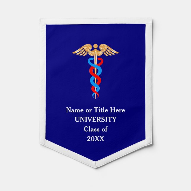 Golden, Blue & Red Caduceus on Navy Blue Medical Pennant (Front)