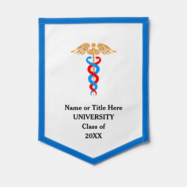 Golden, Blue & Red Caduceus on White Medical Pennant (Front)