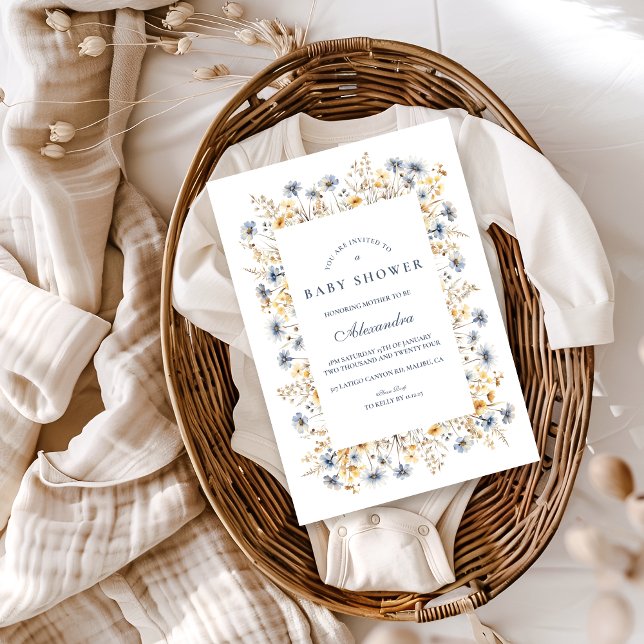 Golden Blue Wildflower Baby Shower Invitation (Creator Uploaded)