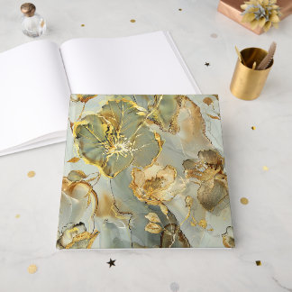 Golden Blues Grays Ink Floral Watercolor Foil Guest Book
