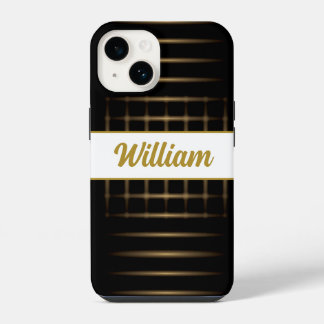 golden blur lines on black with custom text iPhone 14 case