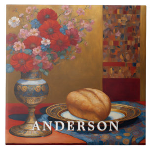 Golden Boho Flower Vase Still Life Ceramic Tile