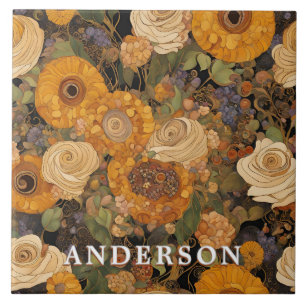 Golden Boho Garden Floral Ceramic Tile