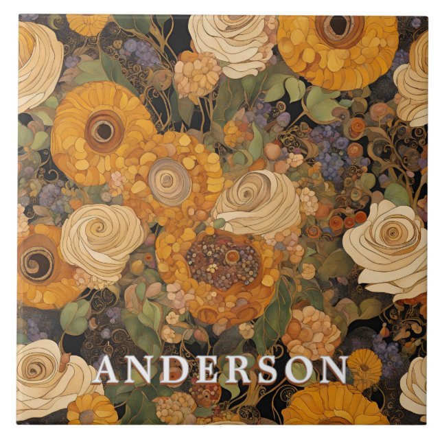 Golden Boho Garden Floral Ceramic Tile (Front)