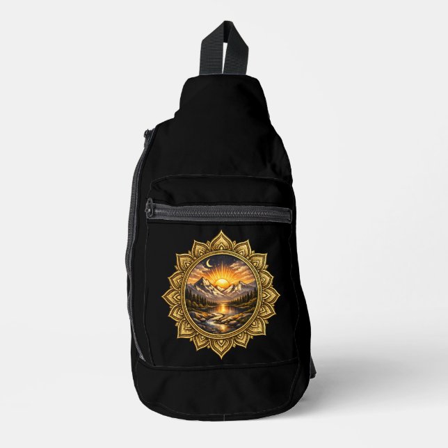 Golden Boho Mandala Mountain Sunset Black Boho Sun Sling Bag (Front)