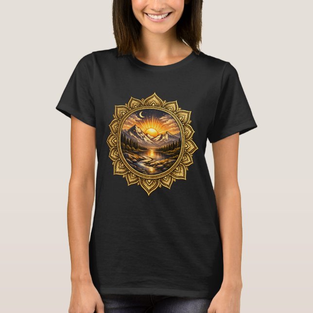 Golden Boho Mandala Mountain Sunset | Boho Sun Art T-Shirt (Front)