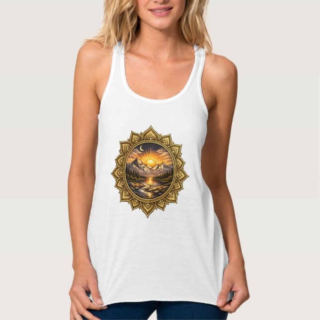 Golden Boho Mandala Mountain Sunset | Boho Sun Art Tank Top (Front)