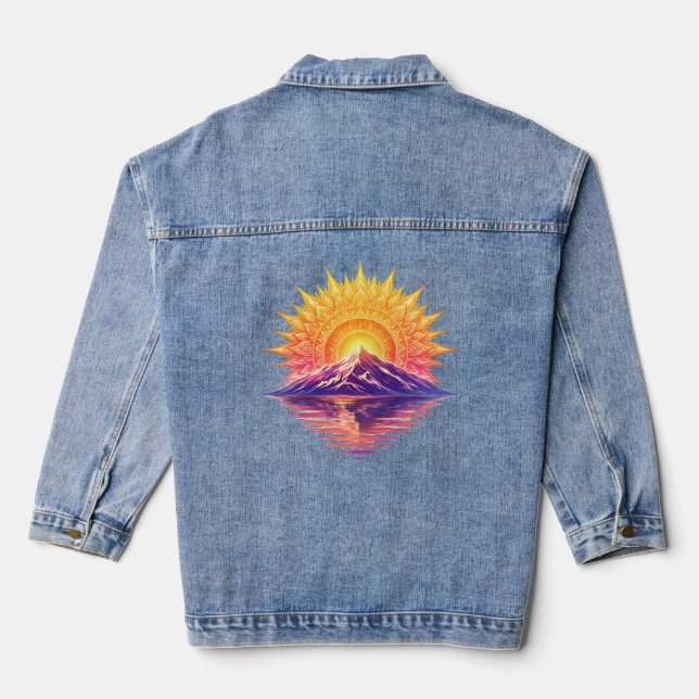 Golden Boho Mandala Sun Mountain Sunset Reflection Denim Jacket (Back)