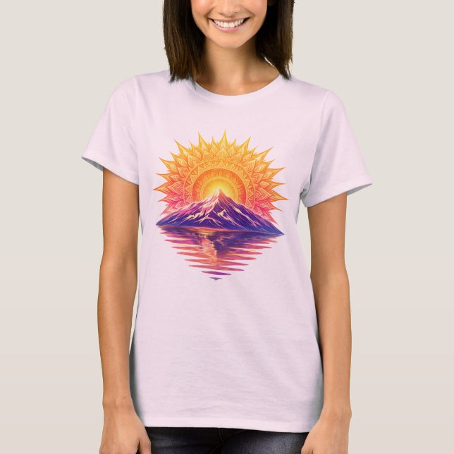 Golden Boho Mandala Sun Mountain Sunset Reflection T-Shirt (Front)