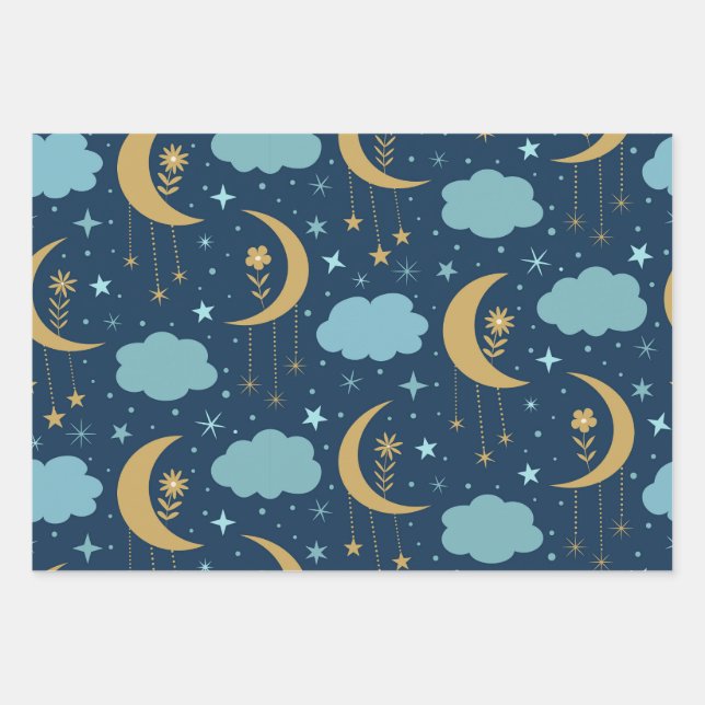 Golden Boho Moon With Flowers Clouds  Wrapping Paper Sheets (Front)