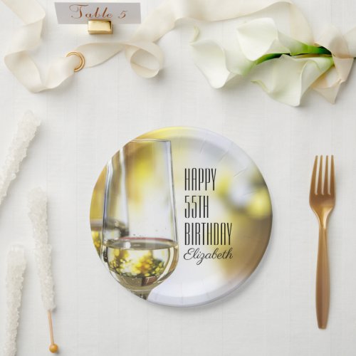 Golden Bokeh Elegant 55th Birthday Wine Glass Paper Plates