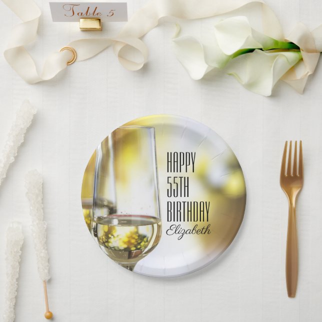 Golden Bokeh Elegant 55th Birthday Wine Glass Paper Plates (Wedding)