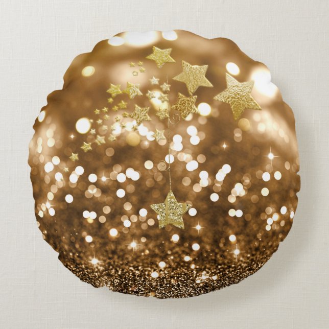 Golden Bokeh Faux Glitter & Stars Round Pillow (Front)