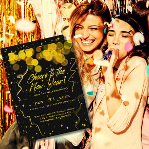 Golden Bokeh Lights Cheers to New Year Party Invitation