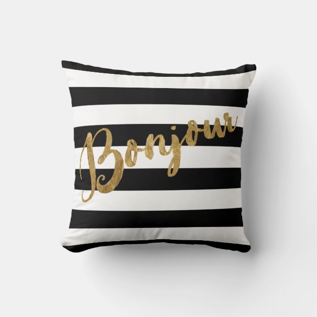 Golden Bonjour Stripes Throw Pillow (Front)
