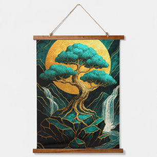 Golden Bonsai Moonlight  Teal Waterfall Wall Tape Hanging Tapestry