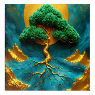 Golden Bonsai Moonlight – Teal Waterfall Zen Wall Acrylic Print