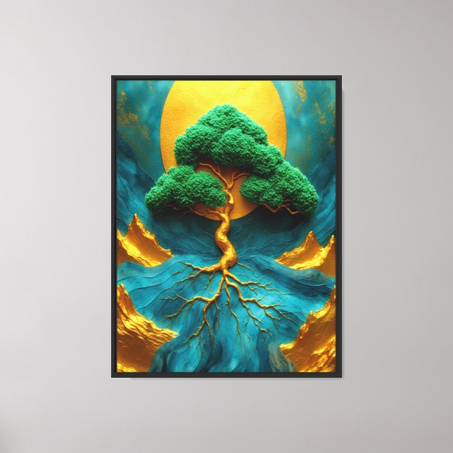 Golden Bonsai Moonlight – Teal Waterfall Zen Wall  Canvas Print (Front)