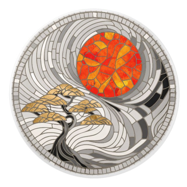 Golden Bonsai Sunrise Mosaic Ceramic Knob (Front)