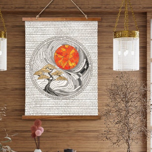 Golden Bonsai Sunrise Mosaic Hanging Tapestry