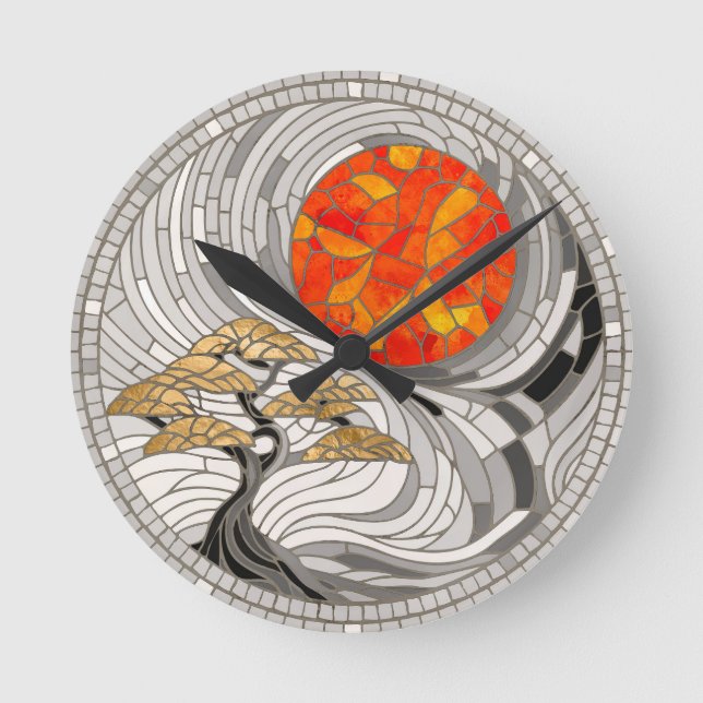Golden Bonsai Sunrise Mosaic Round Clock (Front)