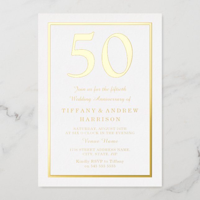 Golden Border 50th Wedding Anniversary Gold  Foil Invitation (Front)