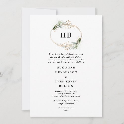 Golden Botanical Eucalyptus Wreath Monogram Green Invitation