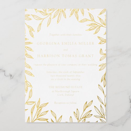 Golden Botanical Framed Classic Typography White Foil Invitation