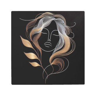 Golden Botanical Hair with Feminine Silhouette Metal Print