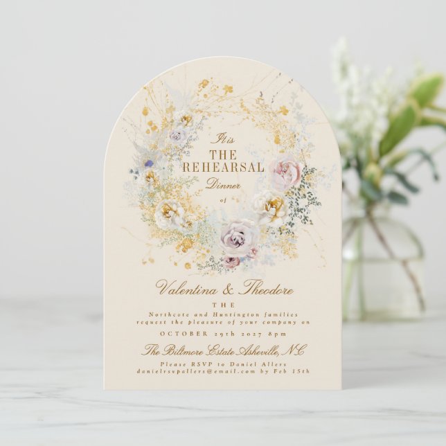 golden botanical wreath romantic rehearsal dinner invitation (Standing Front)
