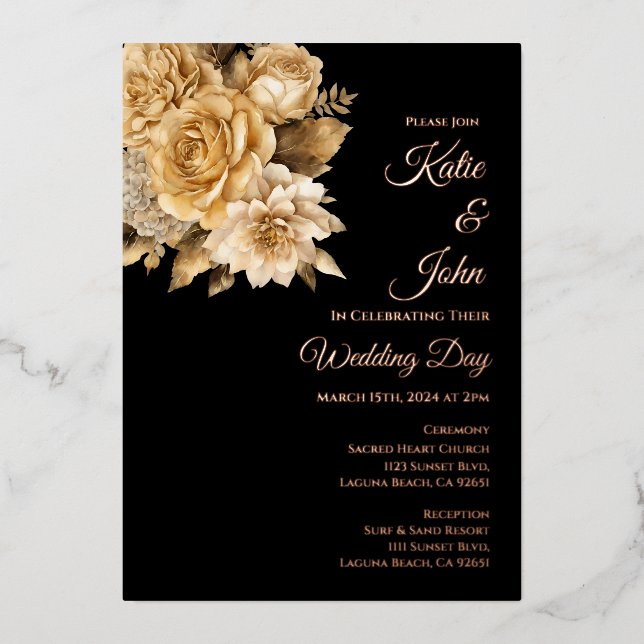 Golden Bouquet-Black and Gold Wedding Foil Invitation (Front)
