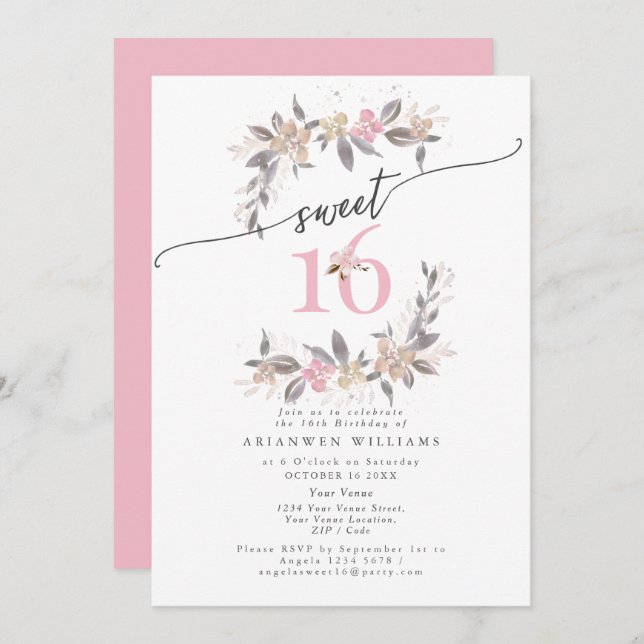 Golden bouquet Fall rose pink Sweet 16 Invitation (Front/Back)