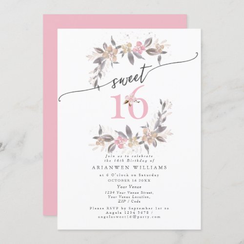 Golden bouquet Fall rose pink Sweet 16 Invitation