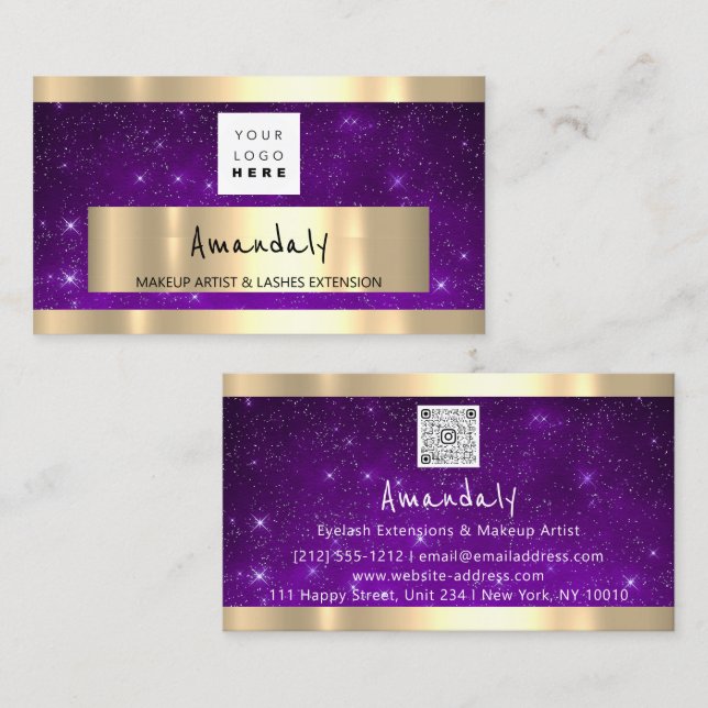 Golden Boutique Shop QR CODE Logo Purple Stars Business Card (Front/Back)