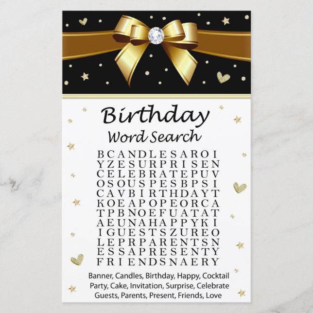 Golden bow Birthday Word Search Game (Front)