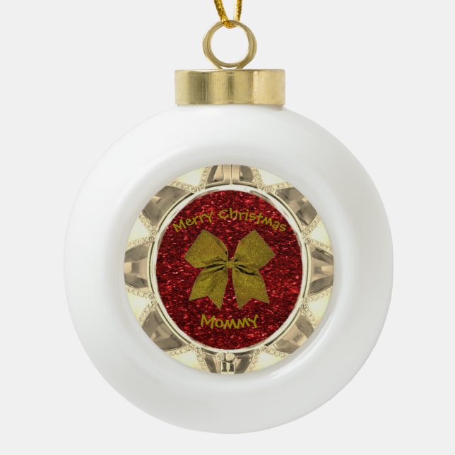 Golden Bow Ceramic Ball Christmas Ornament (Front)