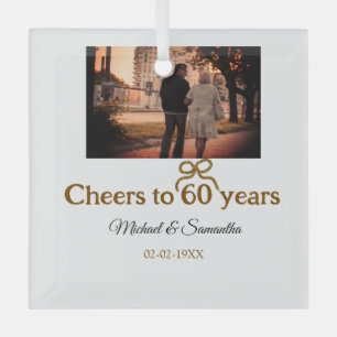 Golden bow cheers to 60 years anniversary wedding glass ornament