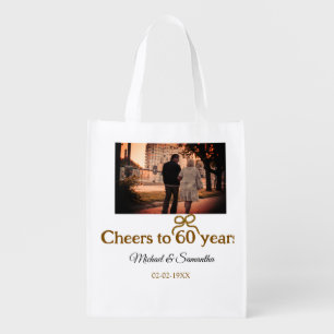 Golden bow cheers to 60 years anniversary wedding grocery bag