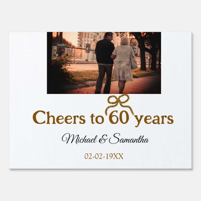 Golden bow cheers to 60 years anniversary wedding  sign (Front)