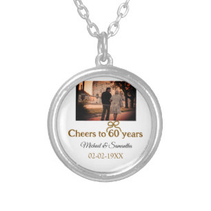 Golden bow cheers to 60 years anniversary wedding silver plated necklace