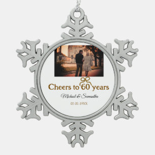 Golden bow cheers to 60 years anniversary wedding  snowflake pewter christmas ornament