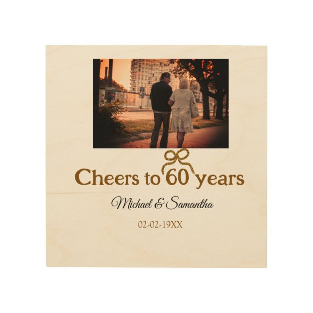 Golden bow cheers to 60 years anniversary wedding  wood wall art (Front)