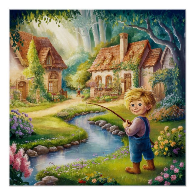Golden Boy by the Stream Painting Glossy Poster (Front)