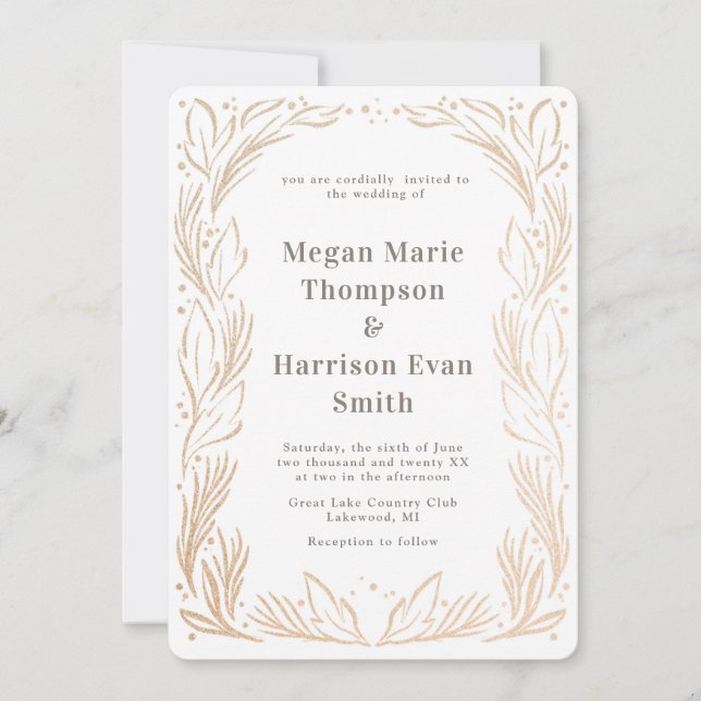 Golden Branches Border Wedding Invitation White (Front)